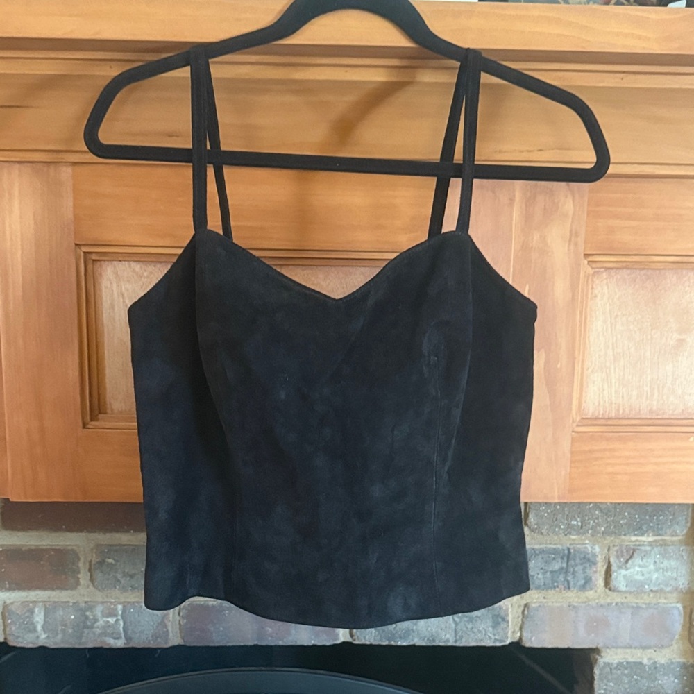 VTG 90s Newport News Jeanology Black Suede Leather Spaghetti Strap Crop Tank 12